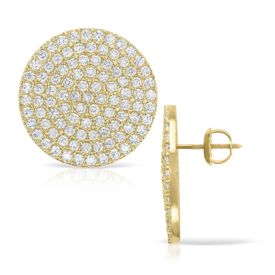 Front and side view of 10k yellow gold jumbo round stud earrings with cubic zirconia.