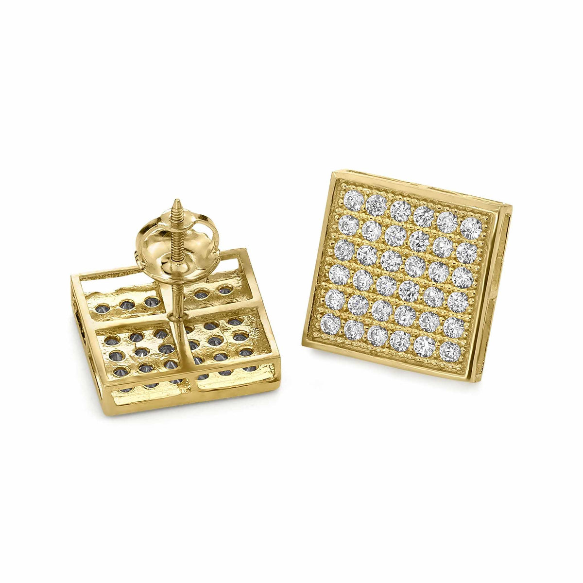 Detailed back and angled front view of 10k gold square cubic zirconia stud earrings.
