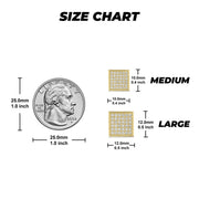 Size chart displaying medium and large gold cubic zirconia stud earrings with a quarter.