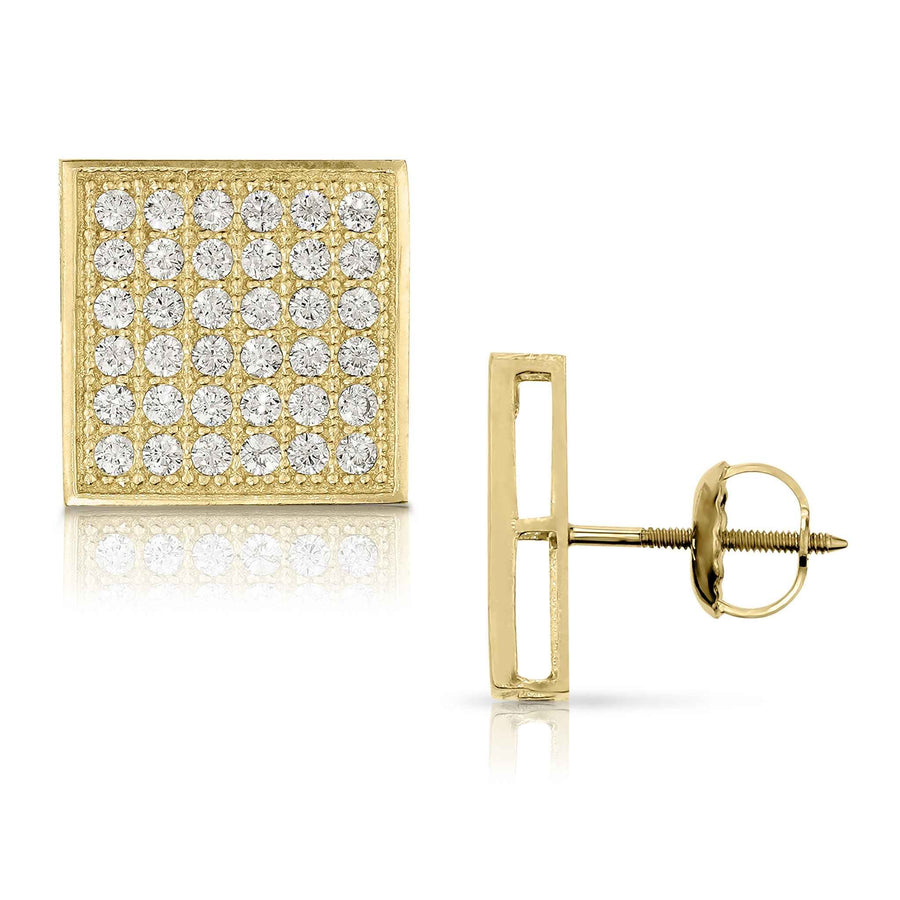 Front and side profile of 10k gold Juno square cubic zirconia stud earrings.