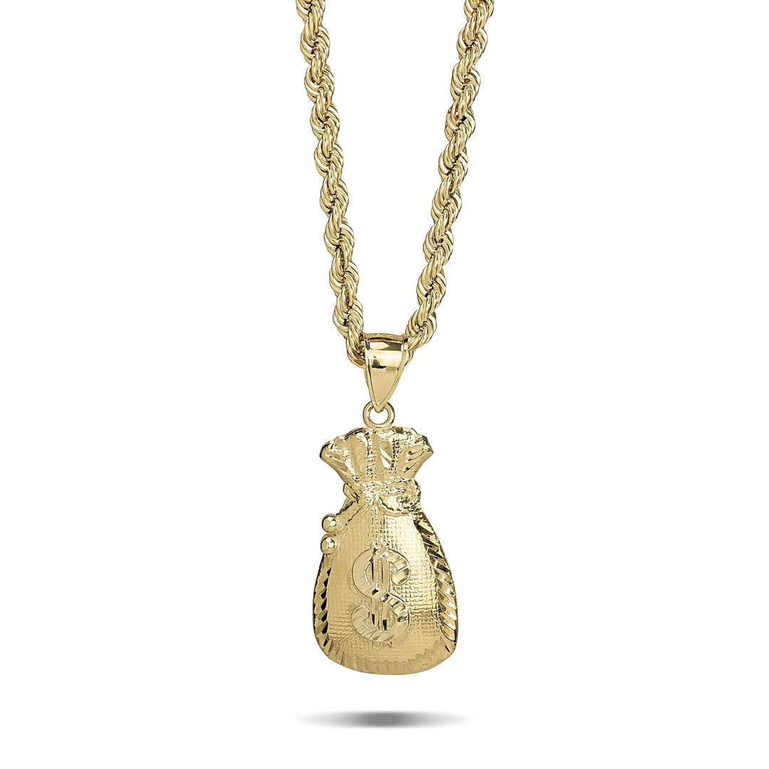 Gold money bag pendant necklace on a gold rope chain against a white background.