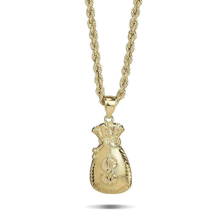 Gold money bag pendant necklace on a gold rope chain against a white background.