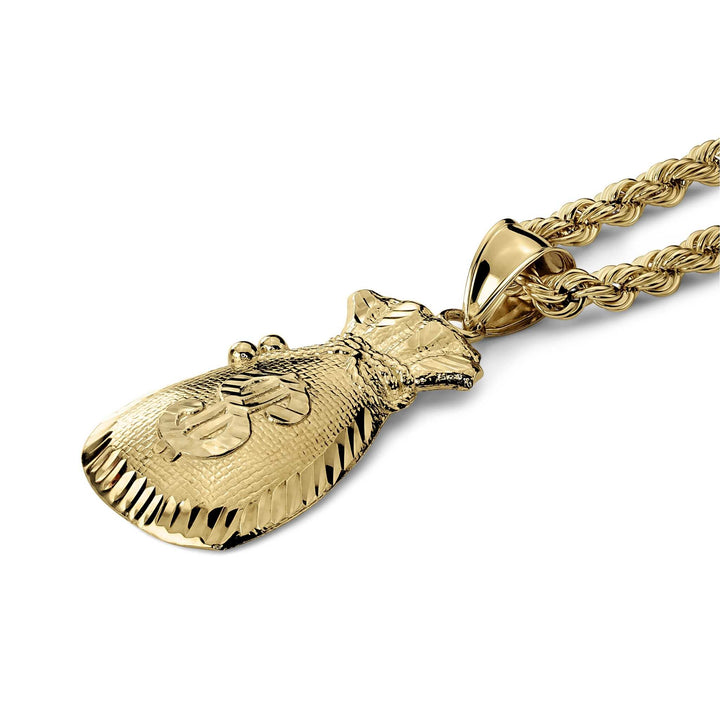 Angled view of the 10k Gold Kali Loot Moneybag DC Pendant hanging from a rope chain.