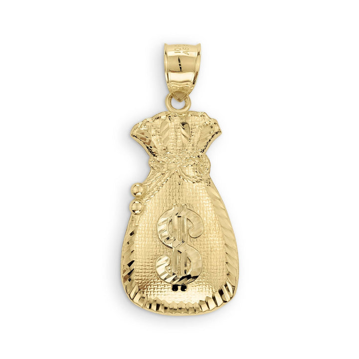 10k yellow gold money bag pendant featuring a textured surface, drawstring, and dollar sign.