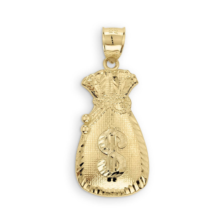 10k yellow gold money bag pendant featuring a textured surface, drawstring, and dollar sign.