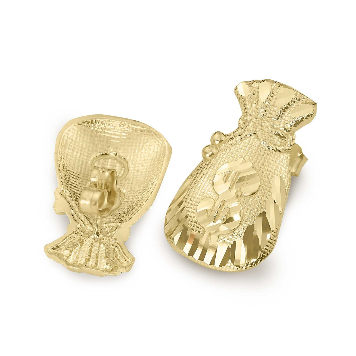 Back view of 10k yellow gold diamond-cut moneybag stud earrings showing the post.