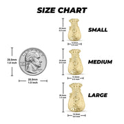 Size chart comparing Small, Medium, and Large moneybag stud earrings to a US quarter.