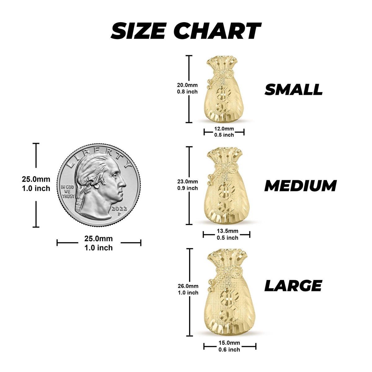 Size chart comparing Small, Medium, and Large moneybag stud earrings to a US quarter.