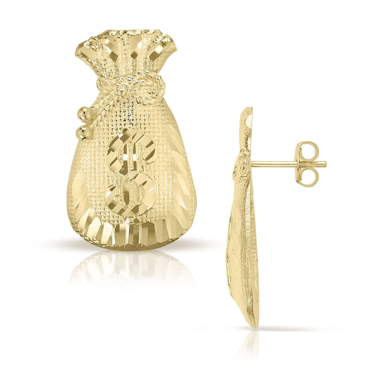 Front and side view of 10k yellow gold diamond-cut moneybag stud earrings.