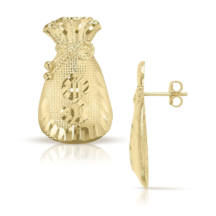 Front and side view of 10k yellow gold diamond-cut moneybag stud earrings.