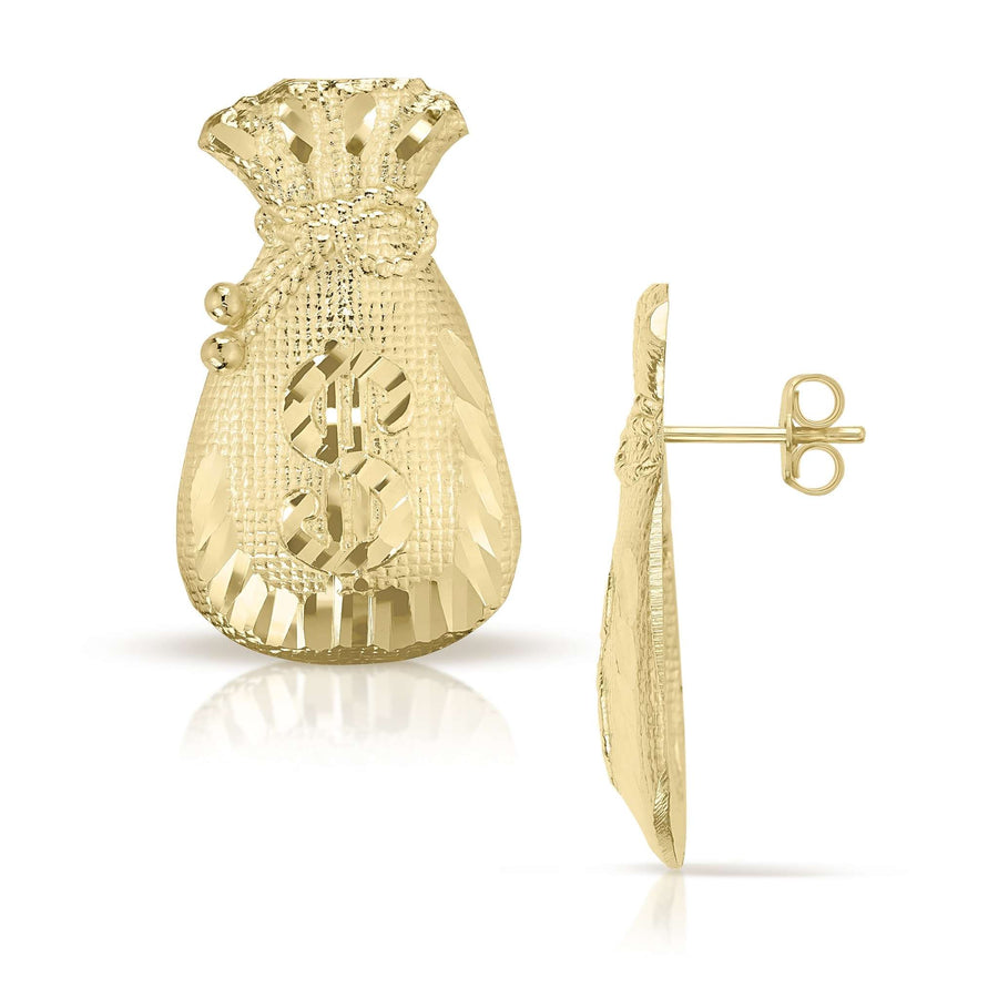 Front and side view of 10k yellow gold diamond-cut moneybag stud earrings.