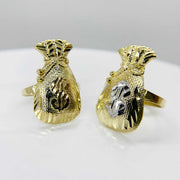 two 10k Gold ring with Kali Loot Moneybag shape on a white background