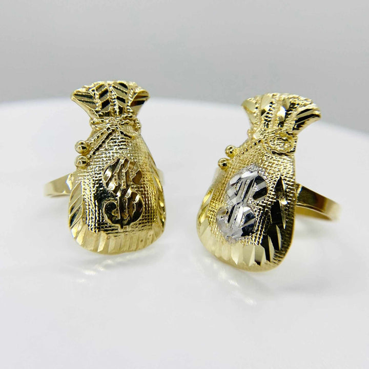 two 10k Gold ring with Kali Loot Moneybag shape on a white background