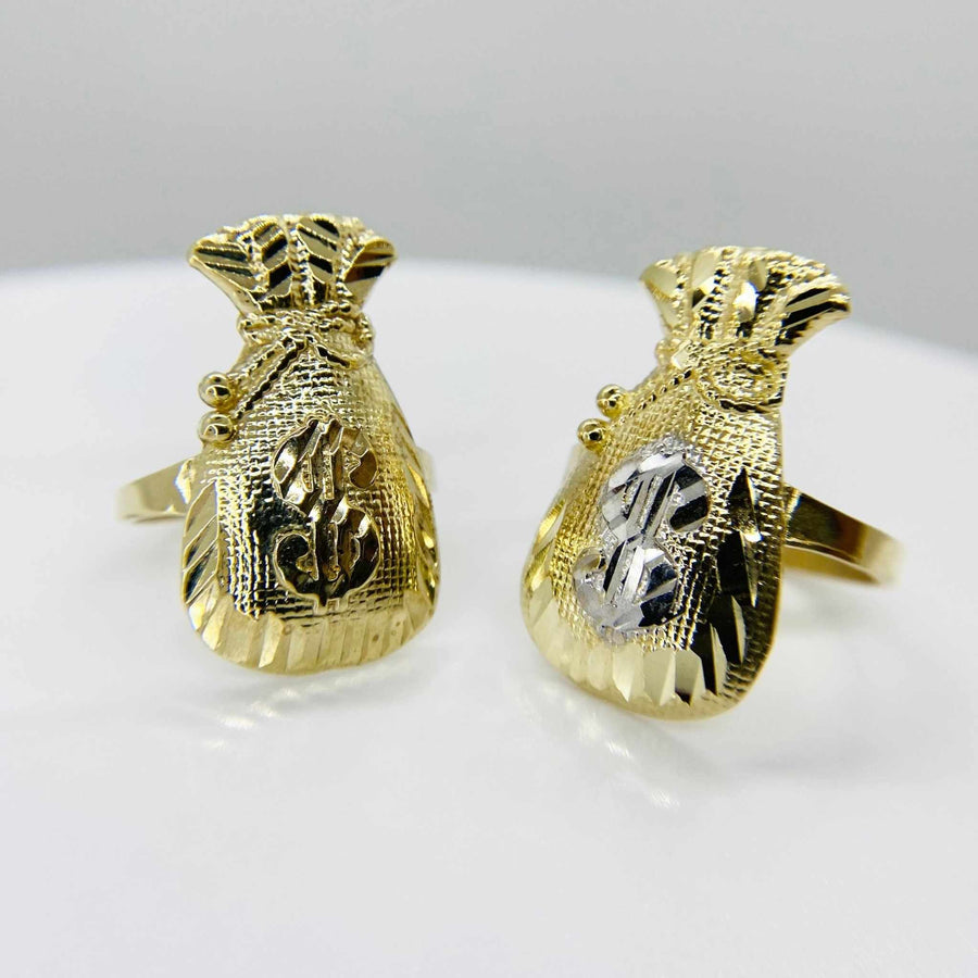 two 10k Gold ring with Kali Loot Moneybag shape on a white background