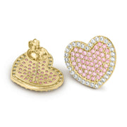 Front and side view of 10k gold heart studs with pink and white CZ.