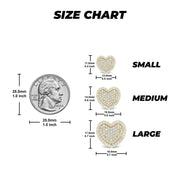 Size guide chart comparing 10k gold Karol heart stud earrings to a US quarter.