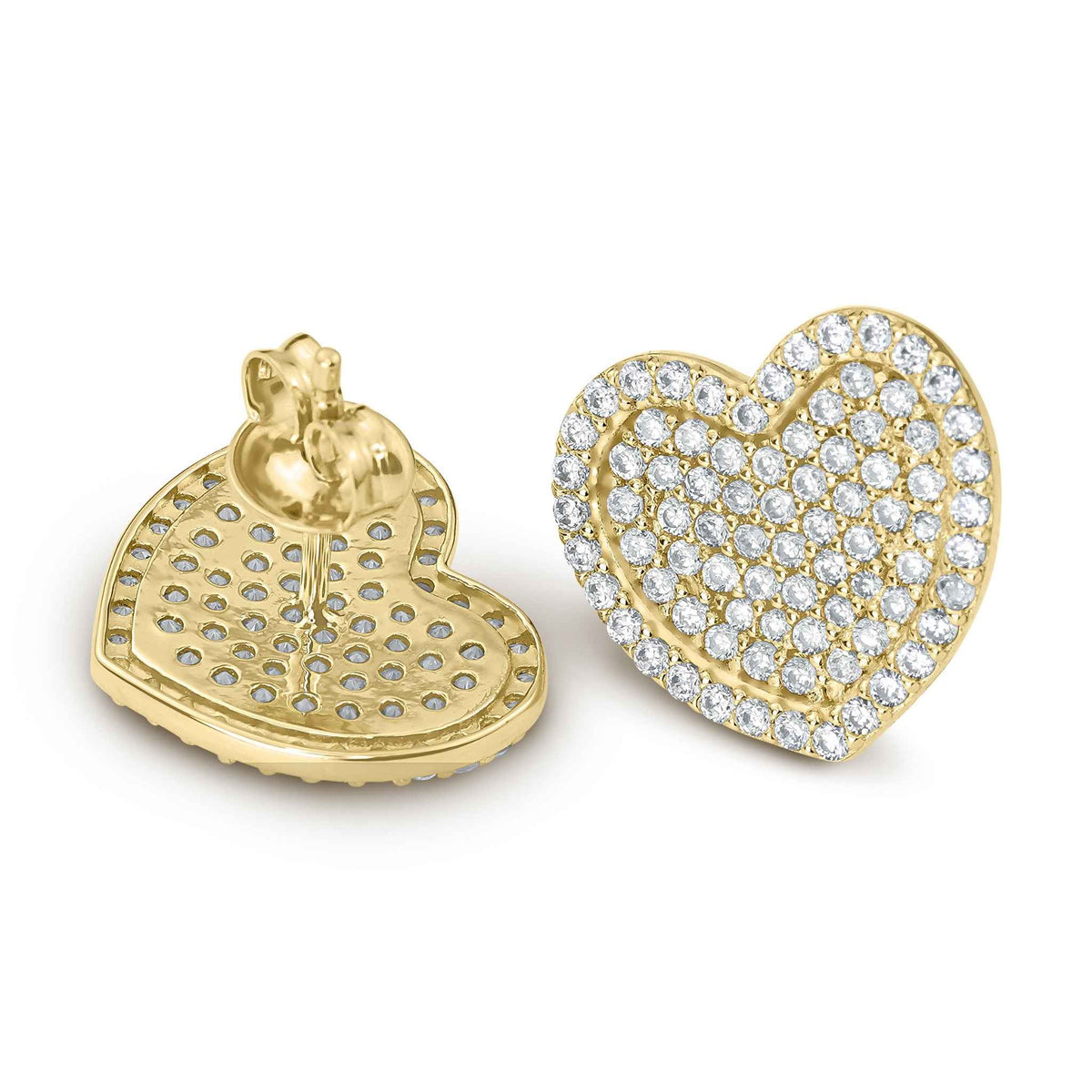 Front and back view of 10k gold Karol heart stud earrings with white CZ.