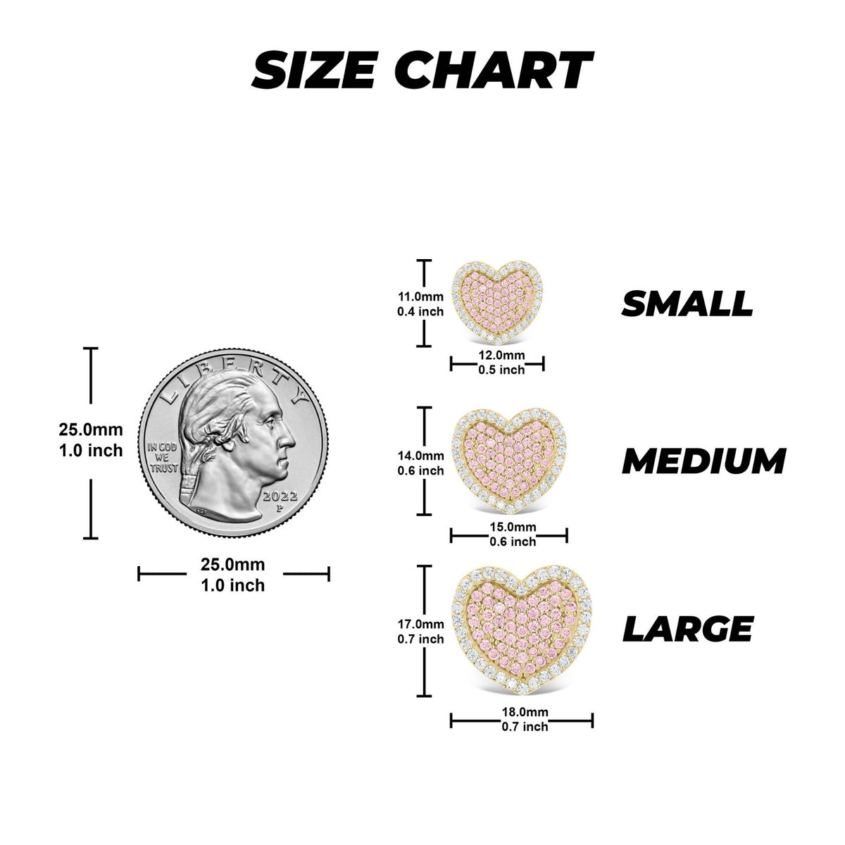 Size chart comparing pink 10k gold Karol heart earrings to a US quarter.