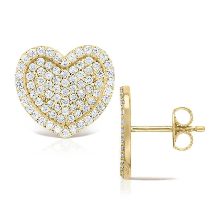 10k gold Karol heart stud earrings, cubic zirconia heart jewelry, push-back closure.