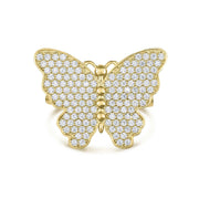 Front view of 10k gold Kelly butterfly ring paved with cubic zirconia stones.