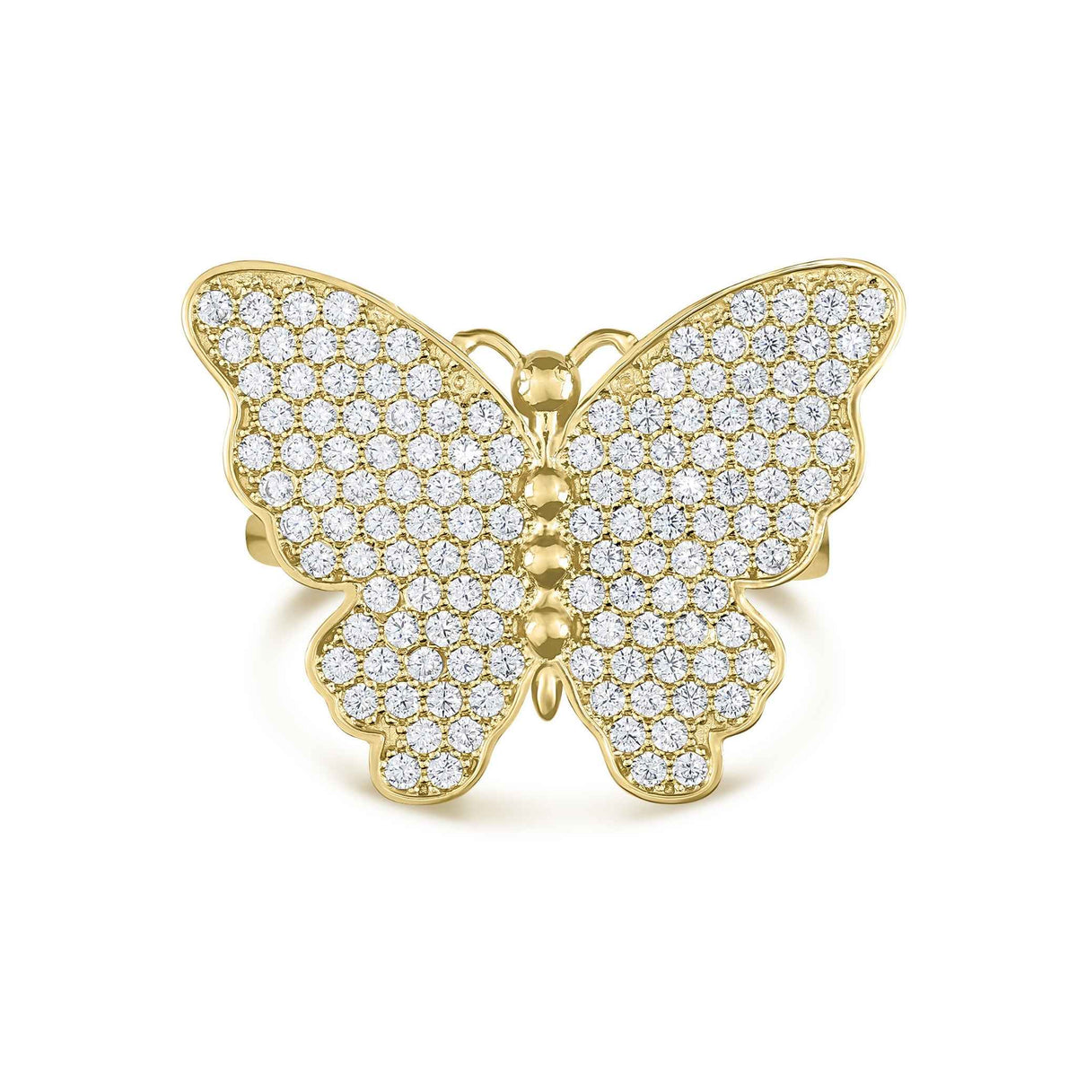 Front view of 10k gold Kelly butterfly ring paved with cubic zirconia stones.