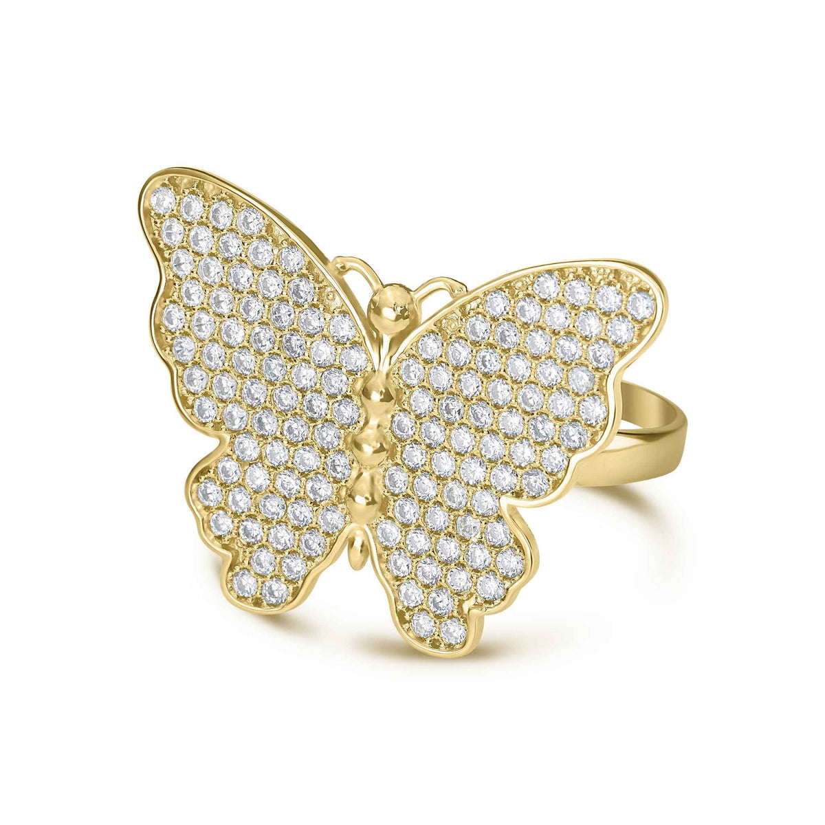 Angled view of 10k gold Kelly butterfly ring paved with brilliant cubic zirconia.