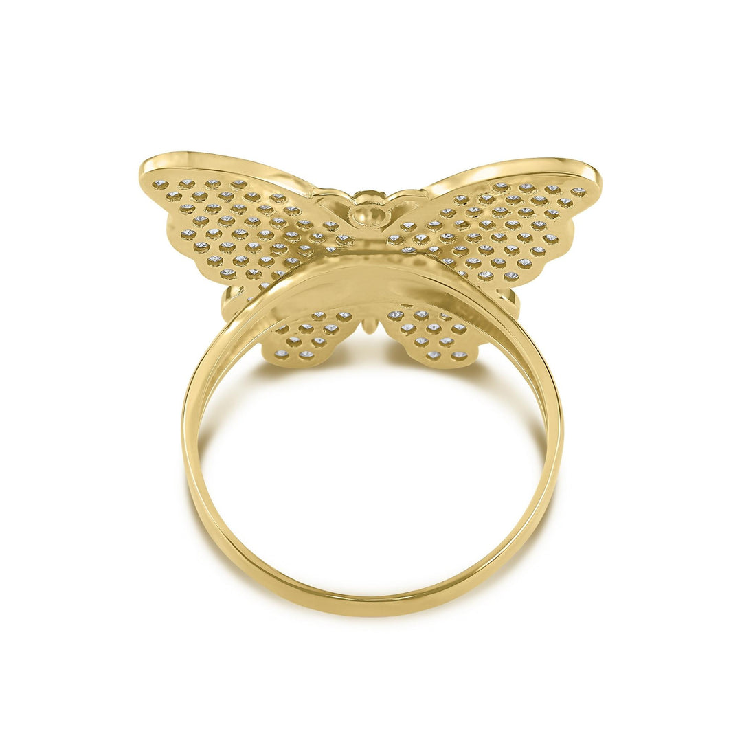 Yellow gold Kelly butterfly ring showing the reverse side on white background.