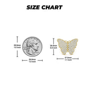 Gold Kelly butterfly ring size chart with millimeter and inch measurements next to a quarter.