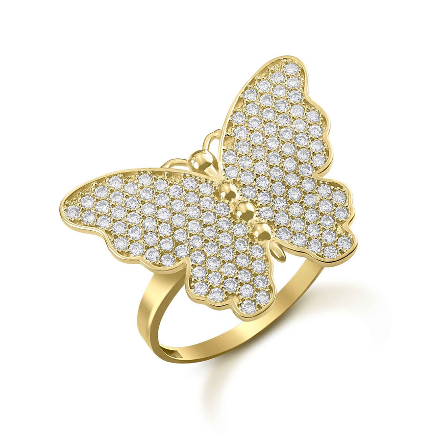 10k gold Kelly butterfly ring paved with sparkling cubic zirconia on white background.