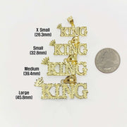 Four sizes of 10k gold King crown pendants compared with a US quarter.