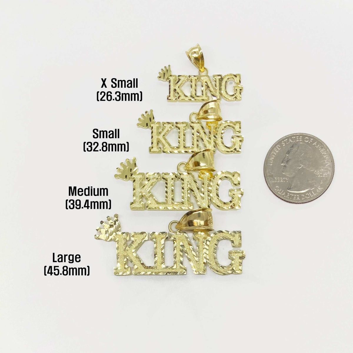 Four sizes of 10k gold King crown pendants compared with a US quarter.