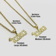 Medium and large 10k gold King crown pendants displayed on gold rope chains.