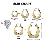 Size chart displaying five 10k gold kissing dolphin hoop earring sizes with a coin.