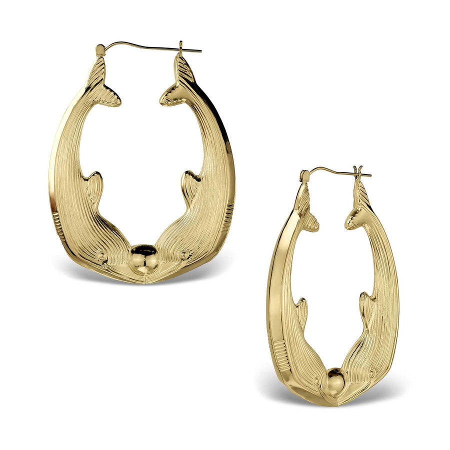 Two 10k yellow gold hoop earrings featuring kissing dolphins, displayed on a white background.