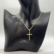 Small 28.4mm 10k gold iced-out L-cross CZ pendant on a 2.0mm rope chain on a mannequin.
