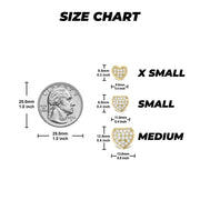 Size chart comparing X-Small, Small, and Medium heart stud earrings to a US quarter.