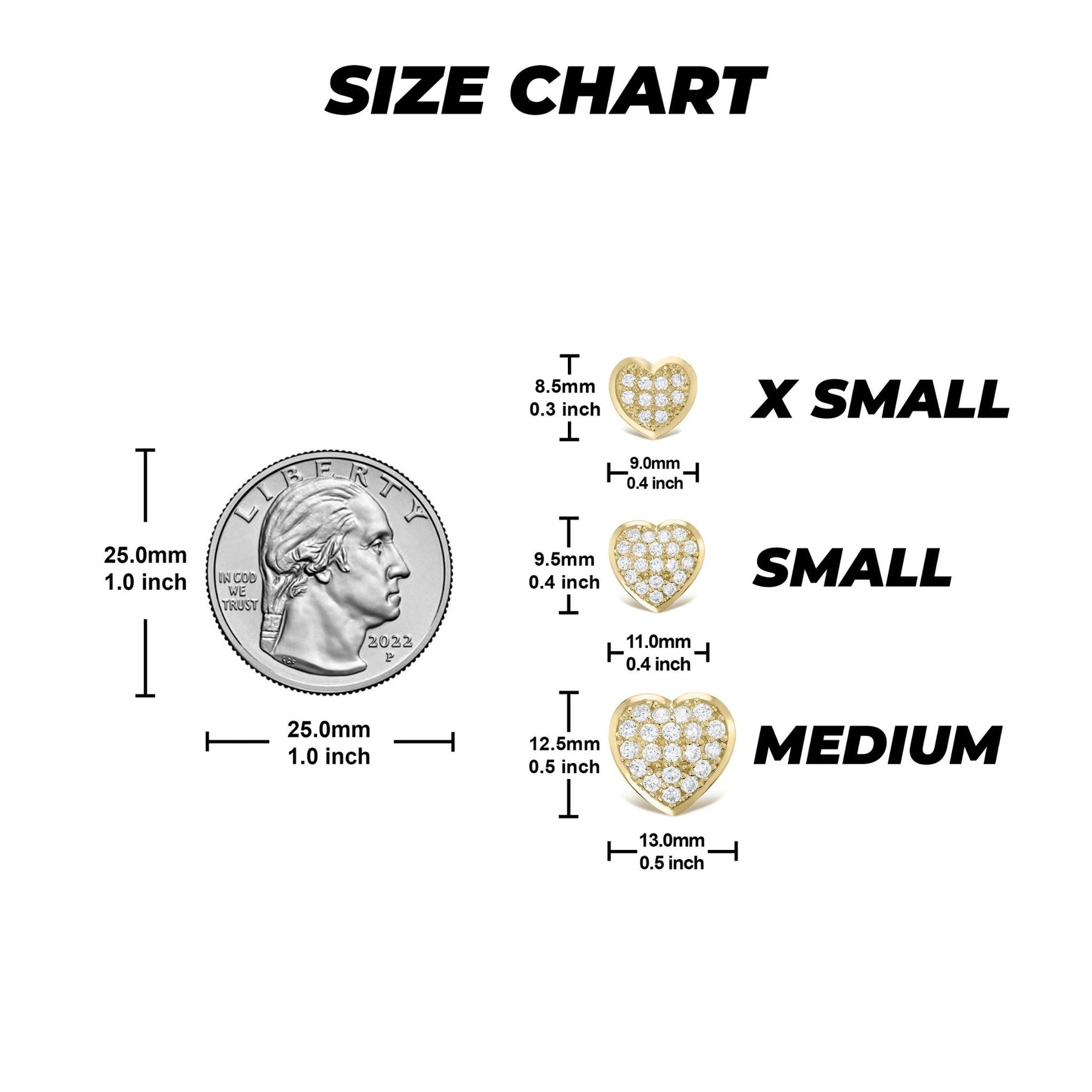 Size chart comparing X-Small, Small, and Medium heart stud earrings to a US quarter.