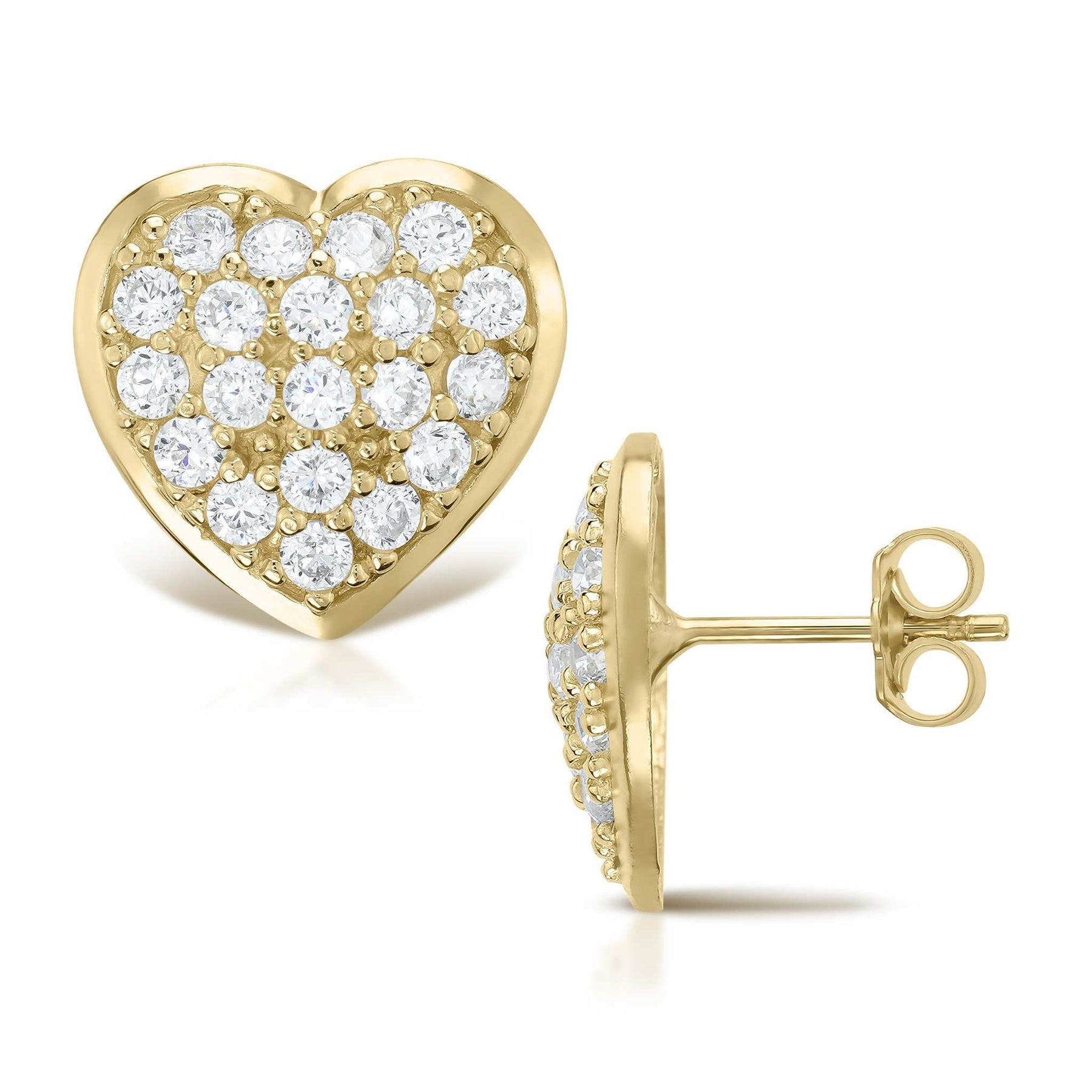 Front and side view of 10k yellow gold convex heart stud earrings with cubic zirconia.
