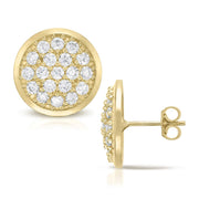 Pair of 10k yellow gold convex round stud earrings paved with sparkling cubic zirconia.