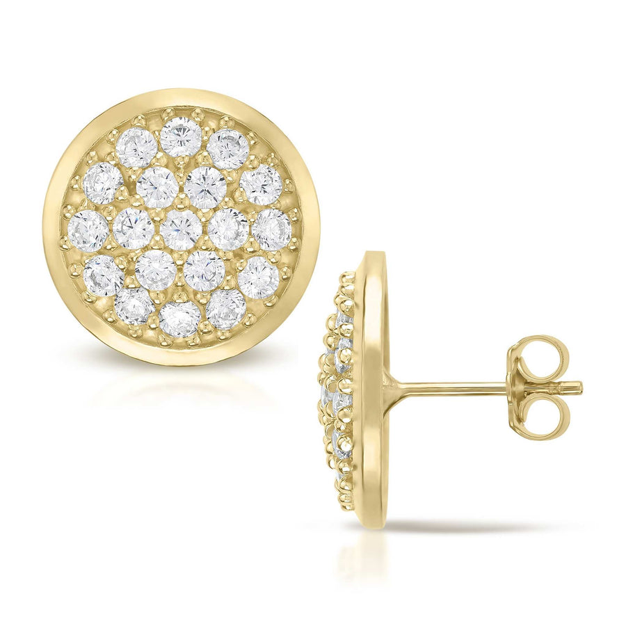 Pair of 10k yellow gold convex round stud earrings paved with sparkling cubic zirconia.