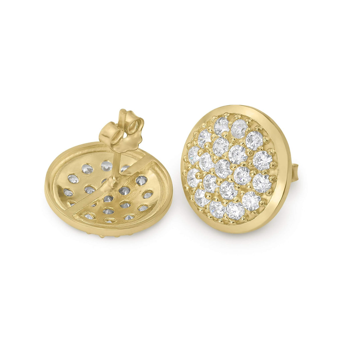 Front and back view of 10k yellow gold convex round stud earrings with CZ stones.