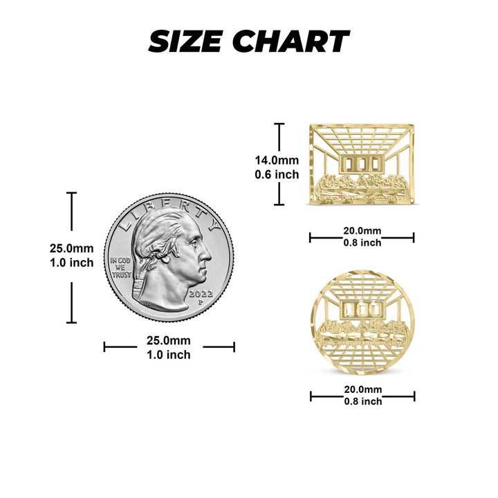 Size comparison chart showing round and rectangular Last Supper earrings next to a quarter.