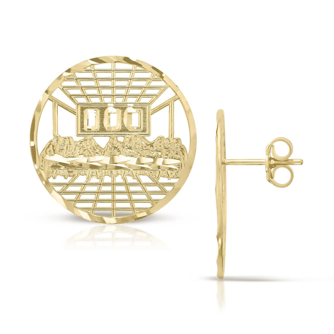 Front and side view of round 10k yellow gold Last Supper stud earrings.