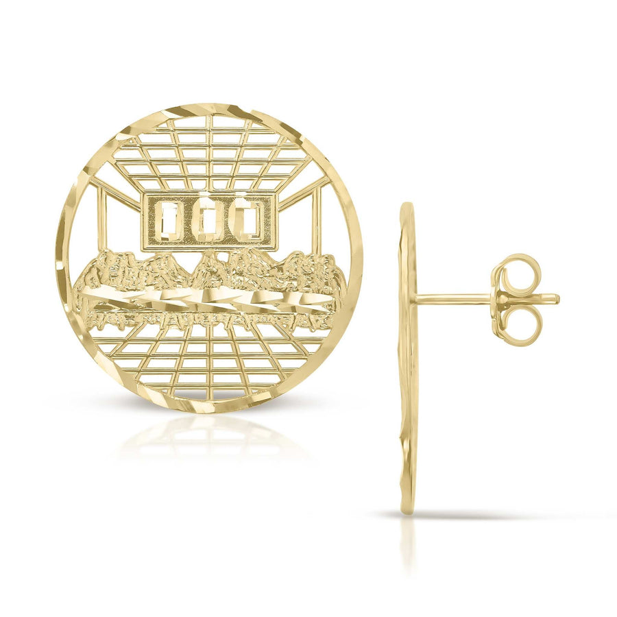 Front and side view of round 10k yellow gold Last Supper stud earrings.