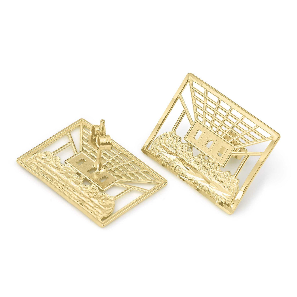 Front and back view of rectangular 10k gold Last Supper stud earrings.