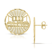 Front and side view of round 10k gold Last Supper stud earrings.
