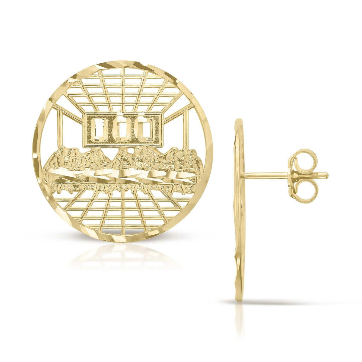 Front and side view of round 10k gold Last Supper stud earrings.