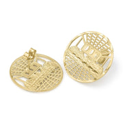 Front and back view of round 10k gold Last Supper stud earrings.