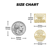 Size chart comparing 10k gold Last Supper stud earrings to a US quarter.