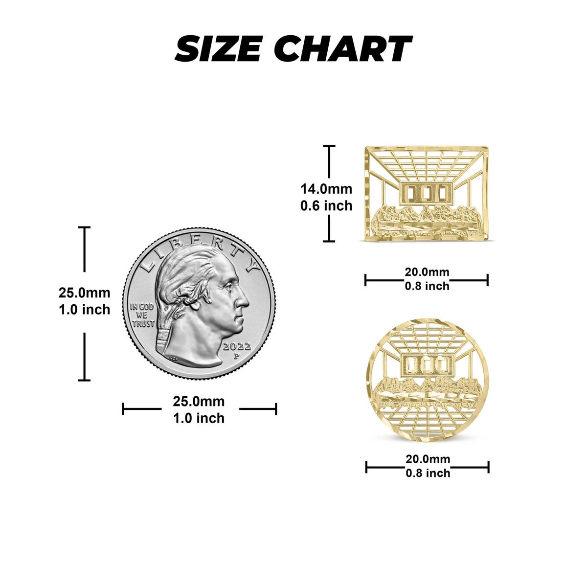 Size chart comparing 10k gold Last Supper stud earrings to a US quarter.